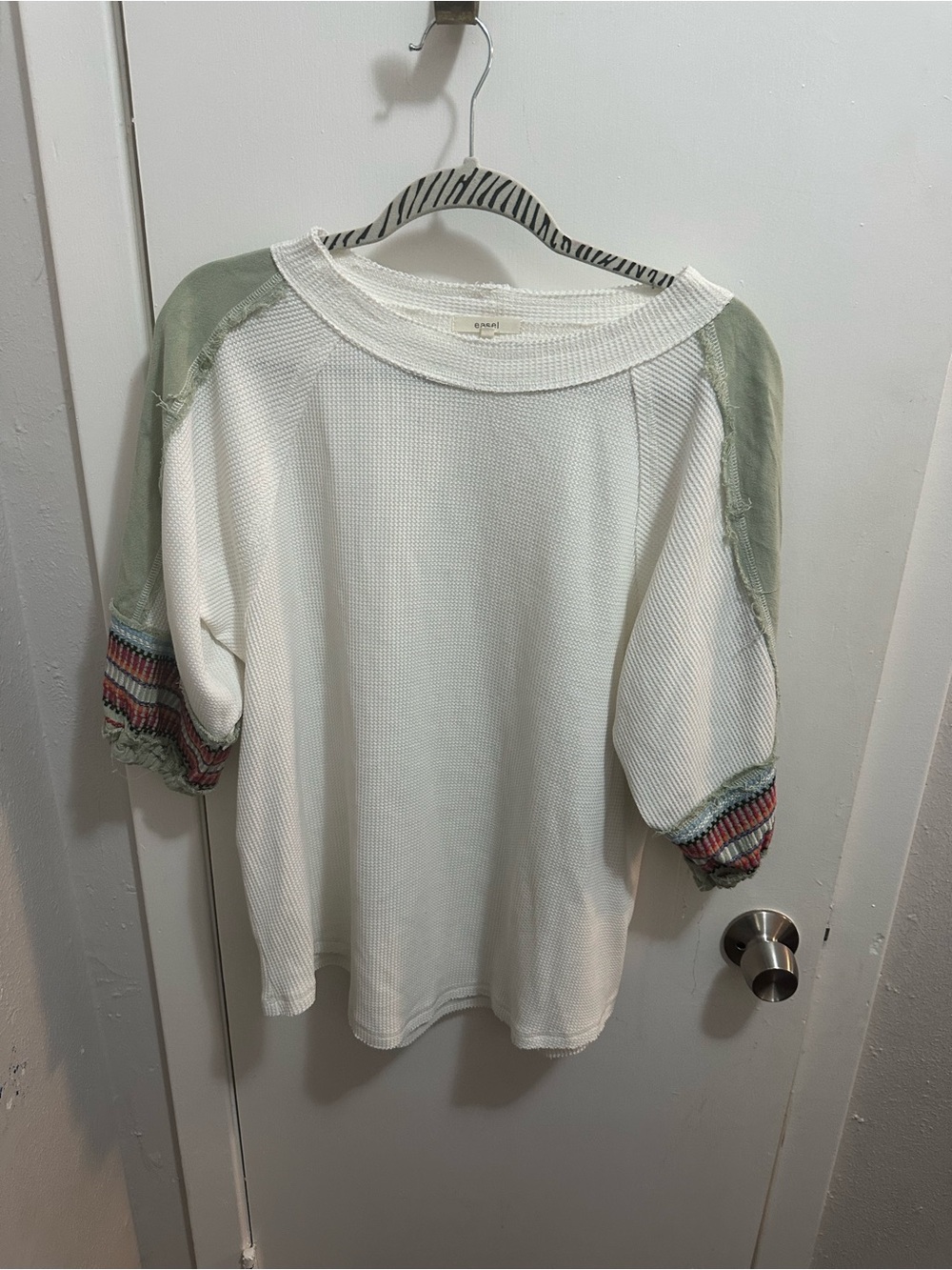 easel White Waffle Knit Top with Sage Shoulders and Multicolor Trim
